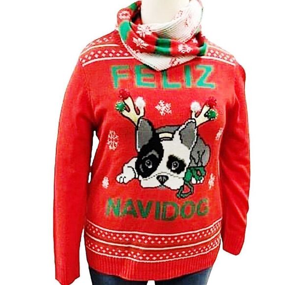 Self Esteem Ugly Cristmas "Feliz Navidog" Sweater Frenchie Bull Dog & Scarf Plu - Picture 8 of 8